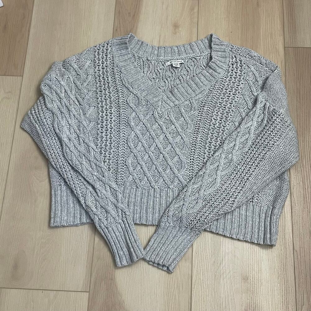 American Eagle XL Cable Knit Sweater Y2K Cozycore Gray Cropped